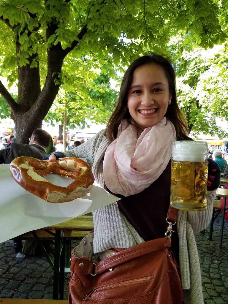 Connie with Beer and Pretzel